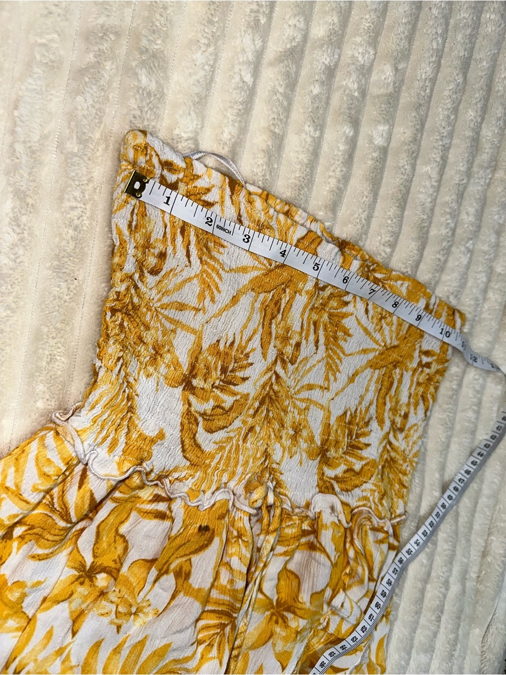 blue island Yellow and White Textured Floral Strapless Dress - Picture 2 of 5